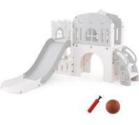 COSTWAY Toboggan pour enfants, 9 en 1 Toboggan pour enfants avec panier de basket, structure d'escalade, tunnel, télescope & espace de rangement, Indoor, Aire de jeux pour enfants 1+ Gris Outdoor