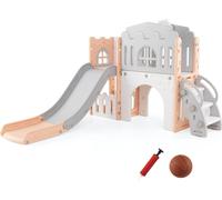 COSTWAY Toboggan pour enfants, 9 en 1 Toboggan pour enfants avec panier de basket, structure d'escalade, tunnel, télescopique & espace de rangement, Indoor, Aire de jeux pour enfants 1 + (Rose+Gris)
