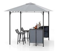 COSTWAY Tonnelle de Bar de Patio en 3 Pièces 245 x 245 CM avec 2 Tabourets de Bar, Abri Barbecue Double Toit Table de Bar en Verre Trempé Étagère de Rangement Porte-Verres à Vin, pour Fêtes (Gris)