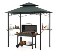 COSTWAY Tonnelle de Barbecue 240 x 151 cm, Abri à Double Toit pour Grill avec 2 Étagères, 7 Crochets, Structure Métallique, Auvent de Réception Extérieur pour Pique-Nique, Jardin, Terrasse (Gris)