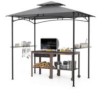 COSTWAY Tonnelle de Barbecue 242 x 150 cm avec 2 Etagères Latérales, Abri Barbecue à Deux Niveaux Cadre en Métal avec Toit Souple 6 Crochets, pour Jardin Cour Piscine (Gris)