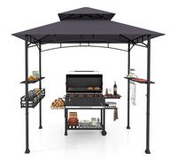 COSTWAY Tonnelle de Barbecue 242 x 153 cm avec 2 Etagères Latérales, Abri Barbecue Cadre en Métal avec Panier de Rangement Crochets de Suspension Décapsuleur Events, pour Jardin Cour (Gris Foncé)