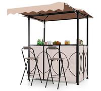 COSTWAY Tonnelle de Barbecue 3 Pcs Extérieur avec 2 Chaises Pliables Auvent, Ensemble de Bar de Jardin à Double Toit avec Table de Bar Étagères de Rangement en Métal, pour Jardin Cour (Marron)