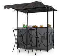 COSTWAY Tonnelle de Barbecue 3 Pcs Extérieur avec Auvent, Gazebo de Grill à Double Toit avec Table de Bar 2 Chaises Pliables Étagères de Rangement en Métal, pour Jardin Cour (Gris)