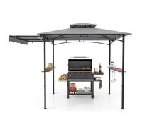 COSTWAY Tonnelle de Barbecue 318 x 153 cm avec Auvent Latéral, Abri Barbecue Cadre en Métal avec Dessus à 2 Niveaux 2 Etagères Latérales Crochets de Suspension Décapsuleur, pour Jardin Cour (Gris)