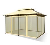 COSTWAY Tonnelle de Jardin 3,9 x 2,9M en Acier avec Rideaux Moustiquaires Amovibles et Toits Doubles, Tente de Réception pour Pique-Nique Festival Mariage (Beige)