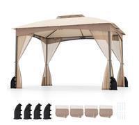 COSTWAY Tonnelle de Jardin 300 x 365 cm avec Parois en Filet - Gazebo Imperméable Double Toit pour Terrasse Réception Kaki
