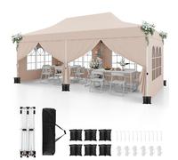 COSTWAY Tonnelle de Jardin 3x6M avec 6 Parois Latérales Amovibles, Tente de Reception Escamotable avec Sac de Transport 6 Sacs de Sable, Tonnelle Instantanée pour Fête Mariage BBQ (Beige)