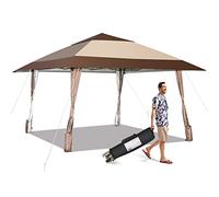 COSTWAY Tonnelle de Jardin Pliante 4M x 4M avec Supports en Fer et Roues, Tente de Reception Imperméable UPF 50+ à Hauteur 265-285CM Avant-Toits Sac Portable pour 8-10 Personnes, Beige