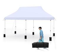 COSTWAY Tonnelle de Jardin Pop-up Pliable 300x600CM, Tente de Fête Imperméable Protection Solaire 3 Hauteurs 296/306/316 cm avec Sac de Rangement 6 Sacs de Sable, pour Marché Patio Camping (Blanc)