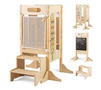 COSTWAY Tour d’Apprentissage en Bois pour Enfant avec Marchepied 2 Étapes, Tableau Noir et Filet de Sécurité, pour 3+ Ans, Naturel