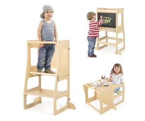 COSTWAY Tour d'apprentissage 3 en 1 pour enfant - Marchepied pliable et tableau noir et table pour enfant - Marchepied Montessori - Chaise d'apprentissage pour chambre d'enfant, cuisine, salle de bain