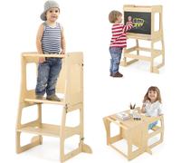 COSTWAY Tour d'apprentissage 3 en 1 pour enfants, Tabouret pliable & Tableau & Set de table pour enfants, Tour debout Chaise d'apprentissage, Naturel