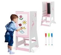 COSTWAY Tour d'apprentissage Enfant avec Hauteur Réglable & Tableau, Tour d'Observation Montessori en Bois avec Rail de Sécurité & Pieds Anti-Bascule, Charge 70kg pour Enfant de 1-7 Ans (Rose)
