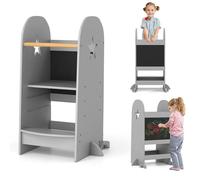COSTWAY Tour d'apprentissage Enfant avec Tableau Noir & Hauteur Réglable, Tour d'observation Montessori en Bois avec Rail de Sécurité & Pieds Anti-Bascule, Charge 90kg pour Enfant de 3 Ans+, Gris