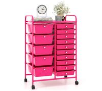COSTWAY Tour de Rangement à Roulettes - 15 Tiroirs Amovibles, 63 x 37 x 87 CM, Format A4 et et Lettre Rose Fluorescent
