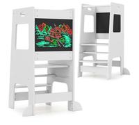 COSTWAY Tour d'observation Montessori Enfants en Bois avec Tableau Noir, Tour d'apprentissage Enfant avec Rail de Sécurité & Hauteur Réglable, Charge 60kg pour Enfant de 1 an+ (Blanc)