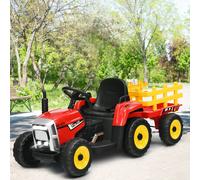 COSTWAY Tracteur 12V 3 vitesses avec remorque amovible et télécommande 2,4G, Tracteur autoporté pour enfants avec lumières LED, musique, klaxon, fonctions Bluetooth & USB, convient aux enfants à parti