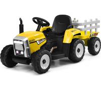 COSTWAY Tracteur 12V 3 vitesses avec remorque amovible et télécommande 2,4G, Tracteur autoporté pour enfants avec lumières LED, musique, klaxon & fonctions USB, convient aux enfants à partir de 3 ans