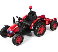 COSTWAY Tracteur 12V avec télécommande 2,4G et remorque amovible, 2-en-1 tracteur autoporté pour enfants avec phares, klaxon, lecteur MP3 & port USB, tracteur électrique pour enfants 3-8 ans (Rouge)