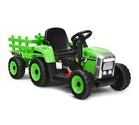 COSTWAY Tracteur avec Remorque Electrique pour Enfants 12 V avec Télécommande 2,4G - 3 Vitesses avec Eclairage LED, Musique, Klaxon, Fonctions Audio USB et Bluetooth (Vert)