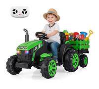 COSTWAY Tracteur Electrique Enfant 24V/9AH - Remorque Amovible et Télécommande 2.4G, LED, Musique, Port USB, pour 3-7 Ans Vert
