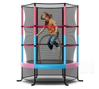 COSTWAY Trampoline Extérieur Enfants Ø165 CM avec Filet de Sécurité, Trampoline Enfants avec Cadre en Acier & 6 Poteaux Recouvert de Mousse, Charge Max 135kg pour Garçon et Fille (Macaron)