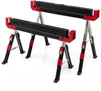 COSTWAY Tréteau de travail 2 places réglable en hauteur avec poignée, Tréteau pliant jusqu'à 1180kg, Tréteau portable Dessus antidérapant en PVC, Noir Rouge