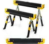 COSTWAY Tréteau de travail 2 places réglable en hauteur avec poignée, Tréteau pliant jusqu'à 1180kg, Tréteau portable Dessus antidérapant en PVC, Noir Jaune