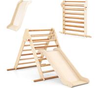 COSTWAY Triangle à grimper, 3 en 1 Structure à grimper Indoor pliable, Triangle à barreaux en bois à faire glisser pour les enfants à partir de 1 an Naturel