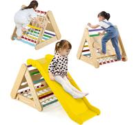 COSTWAY Triangle à grimper 4 en 1 avec toboggan, structure d'escalade en bois, triangle à barreaux pour glisser et grimper, pour les jeunes enfants à partir de 1 an Coloré