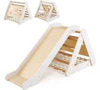 COSTWAY Triangle à grimper 4 en 1 avec toboggan, structure d'escalade en bois, triangle à barreaux pour glisser et grimper, pour les jeunes enfants à partir de 1 an
