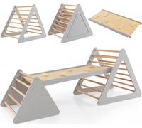 COSTWAY Triangle à grimper & échelle & toboggan 3 en 1, structure à grimper avec rampe à deux côtés, triangle à barreaux pour grimper et glisser, pour les jeunes enfants à partir de 3 ans (Gris + Natu