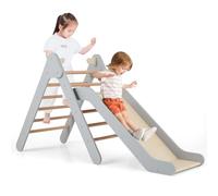 COSTWAY Triangle d'escalade avec Toboggan, Cadre d'escalade en Bois, équerre à échelons pour Glisser et escalader, pour Enfants à partir de 1 an (Gris)
