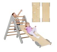COSTWAY Triangle d'escalade avec Toboggan, Structure d'escalade pour intérieur à partir de 1 an, Triangle d'escalade, Rampe d'escalade en Bois, pour Escalade et Toboggan (Gris)