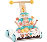 COSTWAY Trotteur en bois pour bébé, marcheur coulissant réglable en hauteur avec centre d'activité, xylophone, blocs glissants, moule à gâteau-Trotteur assis-debout