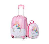 COSTWAY Valise 16’’ + Sac à dos 12’’ Bagage à Roulettes en Rose pour Enfants Trolley à Roulettes avec Motif Licorne pour Filles