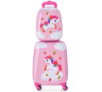 COSTWAY Valise Enfant à Roulettes 16’’ + Sac à dos 12’’, Bagage Enfants avec Motif Cheval Arc-en-ciel, pour Voyages en Avion, Rose