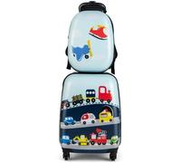 COSTWAY Valise Enfant à Roulettes 16’’ + Sac à dos 12’’, Ensemble de Bagage Enfants, Motif Voiture d'Avion, voyages en avion, Bleu