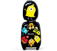 COSTWAY Valise Enfant à Roulettes 16’’ + Sac à dos 12’’ Ensemble de Bagage Noir pour Enfant s avec Motif Petit Monstre pour Garçons