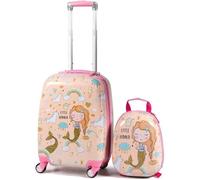 COSTWAY Valise Enfant à Roulettes 16’’ + Sac à dos 12’’ Ensemble de Bagage pour Enfant s avec Motif Sirène pour Filles Rose