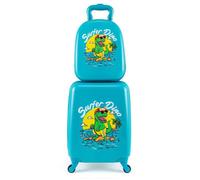 COSTWAY Valise Enfant à Roulettes 17’’ + Sac à dos 13’, Ensemble de Bagage Enfants, Motif Dinosaure, voyages en avion, Bleu