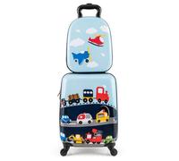COSTWAY Valise Enfant à Roulettes 17’’ + Sac à dos 13’, Ensemble de Bagage Enfants, Motif Voiture, voyages en avion, Bleu