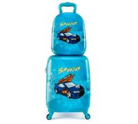 COSTWAY Valise Enfant à Roulettes 17’’ + Sac à dos 13’, Ensemble de Bagage Enfants, Voiture de Course, voyages en avion, Bleu