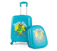 COSTWAY Valise Enfants à roulettes 16'' et Sac à Dos 13'', Ensemble de Bagages Enfant avec Poignée Rétractable 2 Niveaux, Bagage à Main avec Motif Mignon pour Voyage École (Dinosaure Bleu)