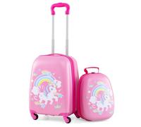 COSTWAY Valise Enfants à roulettes 16'' & Sac à Dos 12'' avec Poignée Télescopique, Bagage Enfants avec 4 Roues Rotatives Motif Vifs, Lot de 2 Valise pour Fille Garçon (Licorne+Arc-en-Ciel)