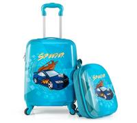 COSTWAY Valise Enfants à roulettes 17'' et Sac à Dos 13'', Ensemble de Bagages Enfant avec Poignée Rétractable 2 Niveaux, Bagage à Main avec Motif Mignon pour Voyage École (Voiture Bleu)