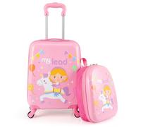 COSTWAY Valise Enfants à roulettes 17'' et Sac à Dos 13'', Ensemble de Bagages Enfant avec Poignée Rétractable 2 Niveaux, Bagage à Main avec Motif Mignon pour Voyage École, 35 x 20 x 46 cm (Licorne)