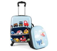 COSTWAY Valise Enfants à roulettes 17'' et Sac à Dos 13'', Ensemble de Bagages Enfant avec Poignée Rétractable 2 Niveaux, Bagage à Main avec Motif Mignon pour Voyage École, 35 x 20 x 46 cm (Voiture)