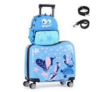 COSTWAY Valise Enfants à roulettes 18” avec Sac à Dos 12”, Bagages à Main pour Voyage avec Roues Coque Imperméable Corde pour Tirer et Sangle de Transport Charge 50KG+8KG (Dinosaure Poignée Droite)
